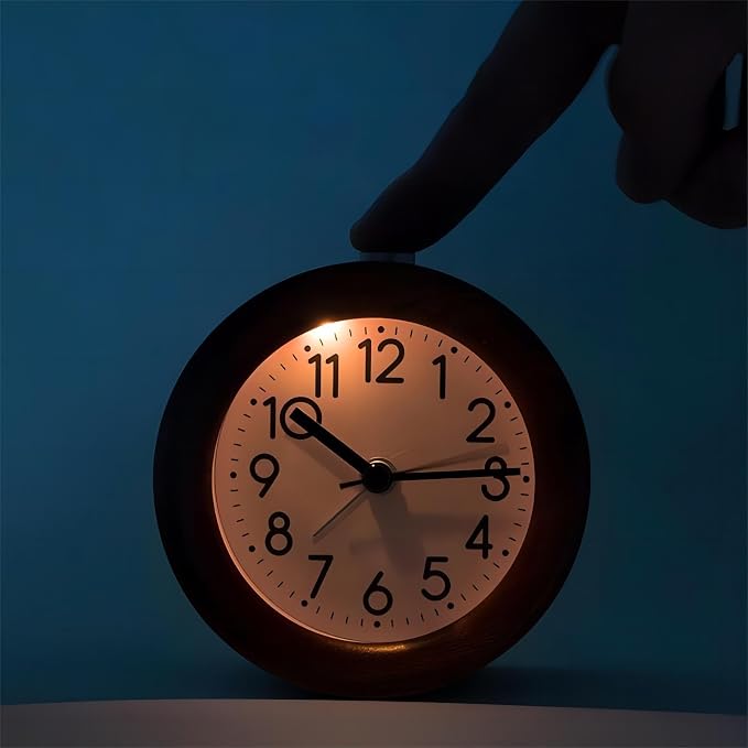 Round Wooden Alarm Clock Analog Non Ticking Night Light Snooze | Silent Arabic Numerals Battery Operated for Desktop Bedroom Bedside Brown