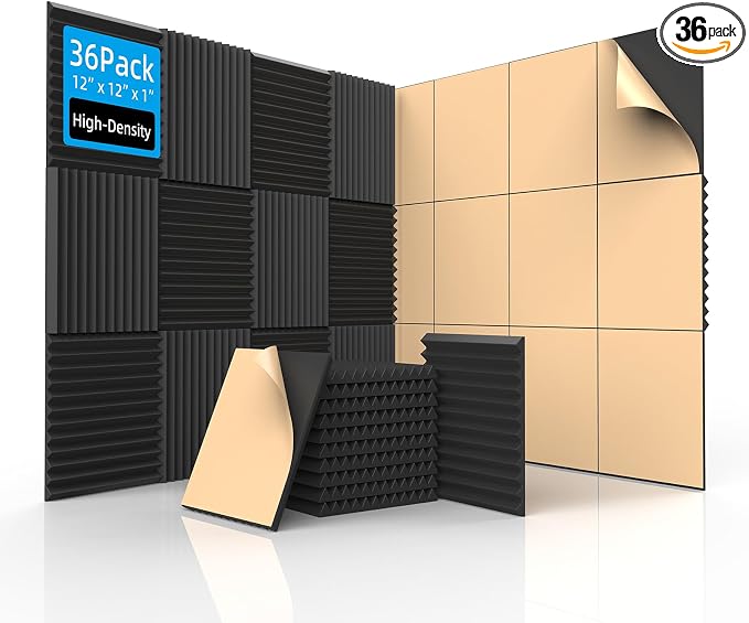 SD SODOCT 36 Pack Self-Adhesive Wedge Acoustic Foam Panels 12" x 12" x 1" | Peel & Stick, Flame-Retardant, 30kg/m³ High Density
