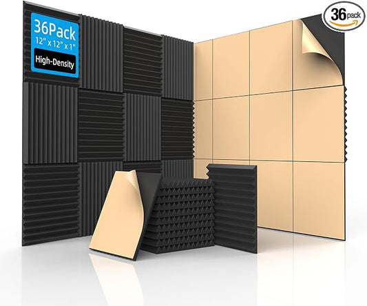 SD SODOCT 36 Pack Self-Adhesive Wedge Acoustic Foam Panels 12" x 12" x 1" | Peel & Stick, Flame-Retardant, 30kg/m³ High Density