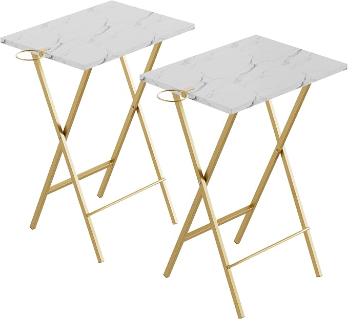 VECELO Folding TV Tray for Eating Set of 2, Portable Dinner/Snack Table with Cup Holder for Couch, Living Room and Small Space, Gold