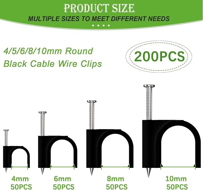 mxuteuk 200PCS Cable Clips with Steel Nails,4/6/8/10mm Round Black Cable Wire Clips,Wall Clips for Cords,Cable Cord Clips for RG6 RG59 CAT6 RJ45