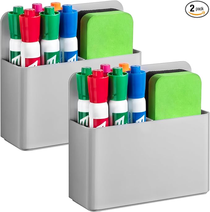 2 Pcs Magnetic Dry Erase Marker Holder for Whiteboard, Plastic Magnetic Pen Holder for Refrigerator Fridge, Magnet Pencil Cup for School Classroom, Locker Accessories, Pen Cup Organizer-Gray