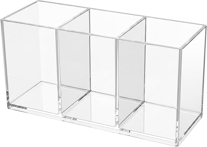 Acrylic Pen Holder, Clear Makeup Brush Holder for Vanity, 3-Compartment Desk Organizer for Office and Bathroom, Pencil Cup Stationery Organizer
