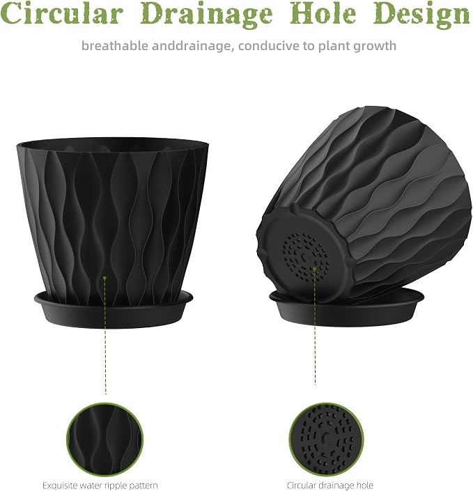 6 Inch Plant Pots, 6 Pack Indoor Flower Pots, Planters with Drainage Holes and Trays for Orchids, Violets, Succulents, Herbs, and Other Plants, Black