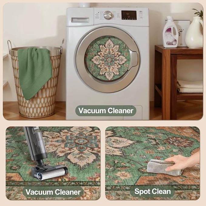 Tangsoo 2x5 Washable Runner Rugs for Hallways, Non Slip Vintage Runner Rug, Soft Low Pile Long Rug Runner, Carpet Runners for Kitchen Bedroom Entryway Bathroom Living Room Home Decor Tan/Green