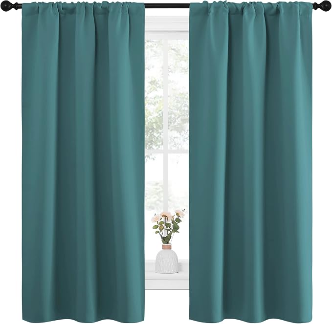 NICETOWN Bedroom Curtains, Three Pass Microfiber Noise Reducing Thermal Insulated Solid Rod Pocket Blackout Window Curtains for Kids Room (Sea Teal, 2 Panels, 34-inch x 63-inch)