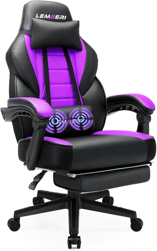 LEMBERI Big and Tall Gaming Chair 400lb Capacity, Heavy-Duty Office Chair with Reinforced Footrest, Wide Seat High Back PC Desk Chair with Linkage Armrests, Thickened Steel Frame, PU Leather, Purple