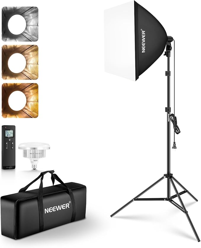 NEEWER 24"x24" 450W Equivalent Softbox Lighting Kit with Tripod Stand, 45W Bi Color 2.4G LED Bulb, Remote, 10 Channels 2900K-7000K 1400lx/1m CRI95 Studio Photography Recording Continuous Light, NK104