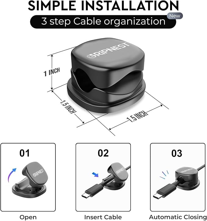Cable Clips 12 Pack Rotatable Cord Organizer with Adhesive | 360° Rotatable, Tangle-Free Cable Management for Desk, Car, Wall & Nightstand