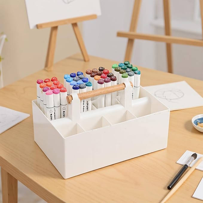 Buqoo Desk Organizer with 8 Compartments for Office Supplies | Plastic Makeup Organizer with Wooden Handle, Pen Holder for Desktop Storage, Desk Organization for Office Supplies (White)
