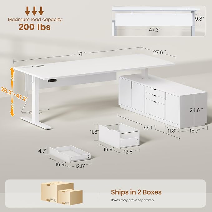 SEDETA Executive L Shaped Electric Standing Desk, 71" Height Adjustable Executive Desk with 3 Drawers and Cabinet, Sit Stand Up Home Office Desk with Power Outlets & Side Hook (White)