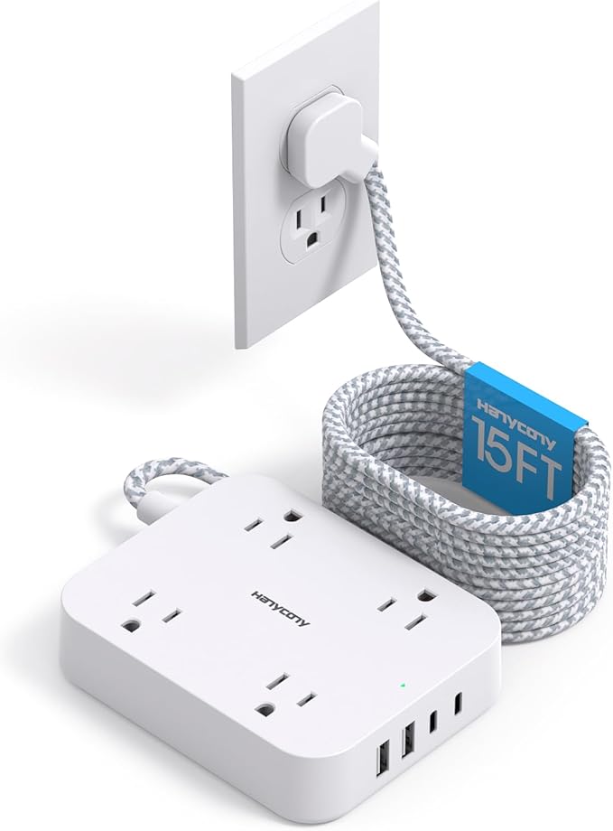 15 Ft Extension Cord, HANYCONY Ultra Thin Flat Plug Power Strip with 4 Outlets 4 USB Ports (2 USB C), Multi Plug Outlet Extender Desk Charging Station for Office Travel Dorm Room Essentials