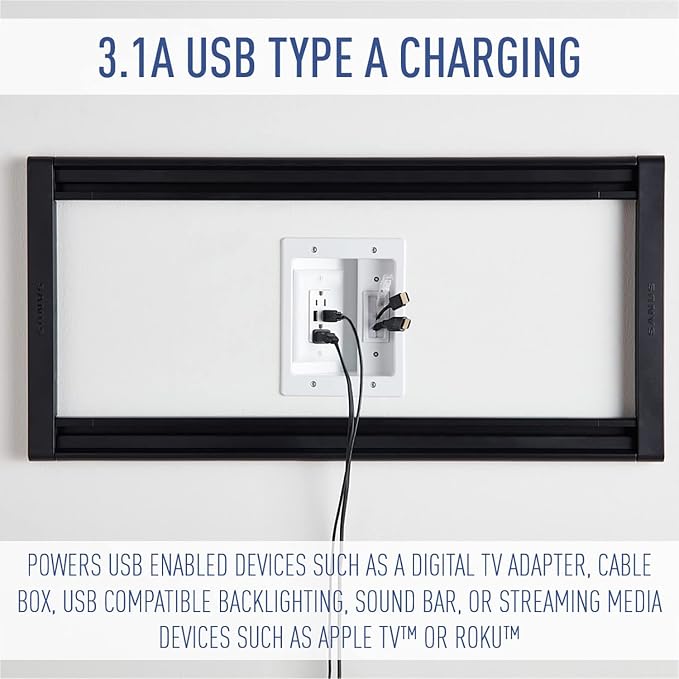 Legrand - OnQ in Wall Cable Management Kit with USB, TV Outlet Wall Kit Hides Cords, in Wall TV Power Kit Works with All Plugs, Recessed TV Outlet, White, HT21USBWHV1 (Hardwired)