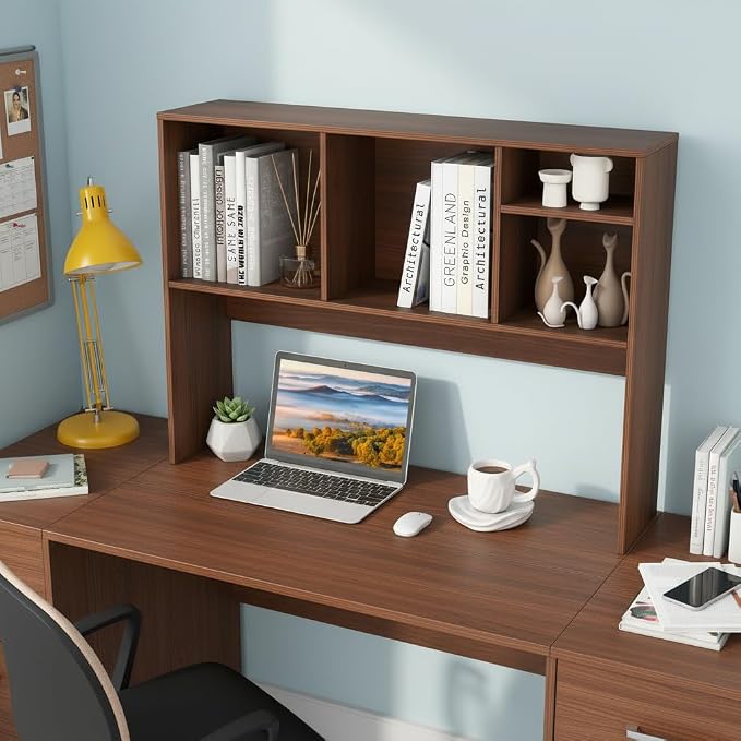 Tangkula Desktop Bookshelf, Countertop Storage Hutch with 4 Shelves for Computer Desk, Desktop 2-Tier Display Rack, Multipurpose Wood Desk Hutch Storage Organizer for Dorm Office Home (Walnut)