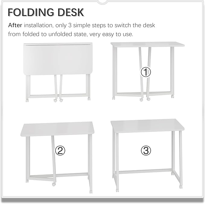 4NM 31.5" Mobile Small Folding Desk, Foldable Rolling Computer Home Office Desk, Study Writing Table for Small Space Saving Bedroom, with Wheels - All White