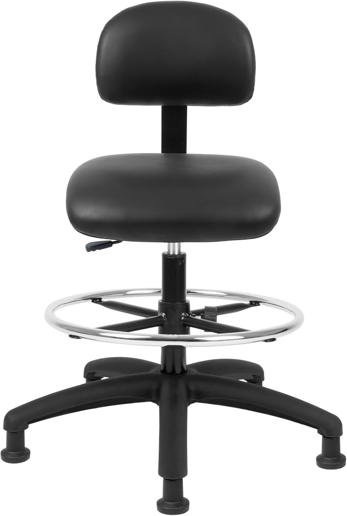 FSS Series Square seat Tall (24"-34") seat Height Chair. Vinyl-for Office, Garage, Desk, Shop, Computer, Doctor, Medical, Easy to Clean! 18" Footring (Black, Tall, Glides)