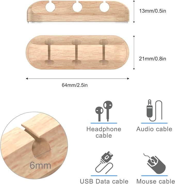 SOULWIT Cable Holder Clips, 3-Pack Cable Management Cord Organizer Clips Silicone Self Adhesive for Desktop USB Charging Cable Nightstand Power Cord Mouse Cable Wire PC Office Home - Wood Grain