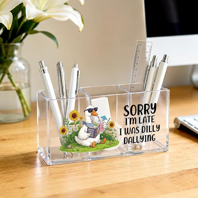 Sorry I’m Late I Was Dilly Dallying Goose Acrylic Pencil Makeup Brush Holder 3 Compartments, Goose Lovers Clear Desktop Storage Holder for Office School Home, Work Desk Accessories Gifts