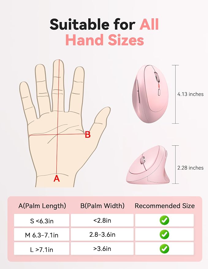 TECKNET Ergonomic Mouse, Bluetooth Wireless Vertical Mouse, Rechargeable Battery, Quiet Clicks, 4800 DPI Adjustable, BT5.0/3.0 & 2.4G Connect, Easy to use, Wide Compatibility - Pink