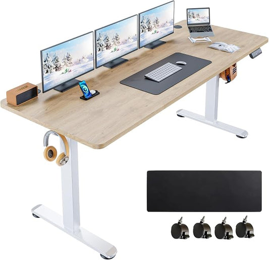 Electric Standing Desk 63 x 24 Inches Adjustable Height Sit Stand Up Desk for Home Office Computer Workstation Memory Preset with Wheels, Oak