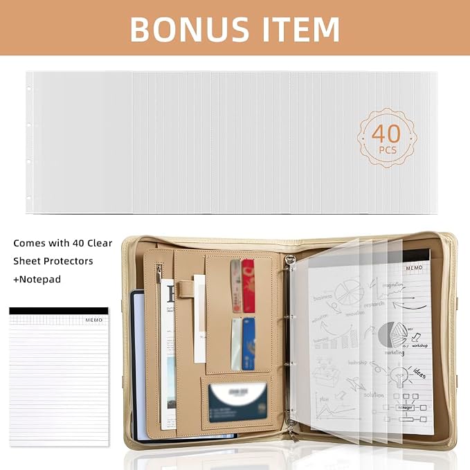 Zippered Padfolio Portfolio Binder, 40 Sleeves & Tablet Holder Case | Features 40 transparent sleeves, tablet pocket & writing pad. Textured leather for office & travel. Secure zipper closure.