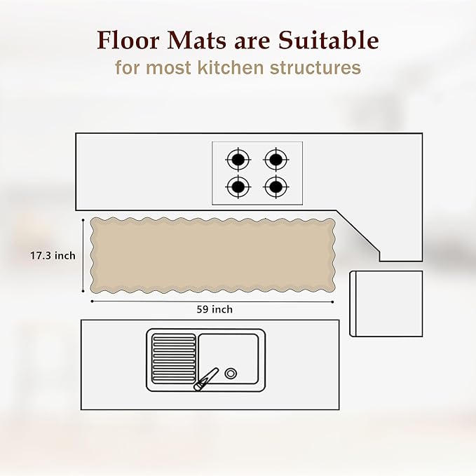 Scalloped Pink Kitchen Mats for Floor Cushioned Anti Fatigue Kitchen Mats Rugs Waterproof Non Slip Farmhouse Boho Floral Comfort Foam Standing Mat for Sink Laundry, 17.3x59