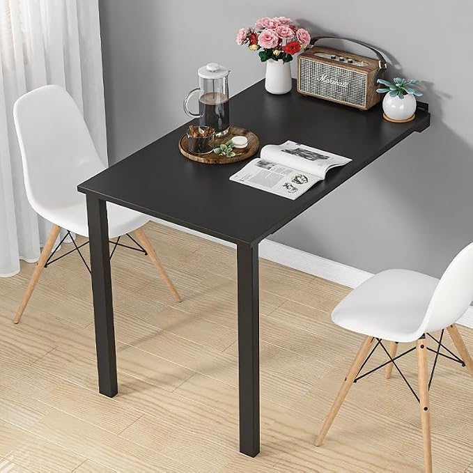 Wall Mounted Folding Table 29.5x15.7 inch, Drop-Leaf Dining Table for Small Spaces, E0-Grade Solid Wood Murphy Table with 132lbs Capacity, Space-Saving Desk for Kitchen Office (Black)
