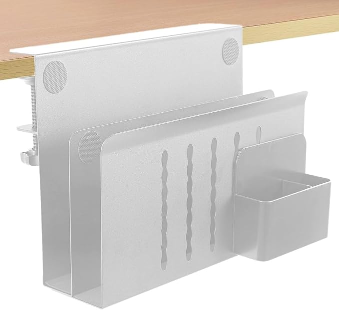 2 Tier Desk Side Storage Organizer, Under Desk Laptop Holder with Magnetic Pen Holder, No Drill Hanging Desks Caddy for Office & Home, Clamp On Desk Shelf for Tablet, Files, Accessories(White)