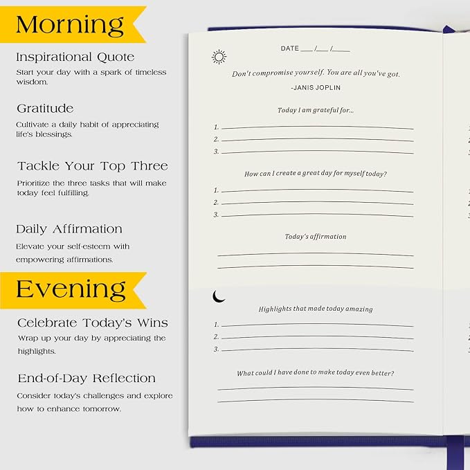 The Original Gratitude Journal with Inspiring Prompts & Quotes for Mindfulness, Reflection & Personal Growth - Daily Wellness Journal for Men & Women - Luxurious Linen Blue Cover