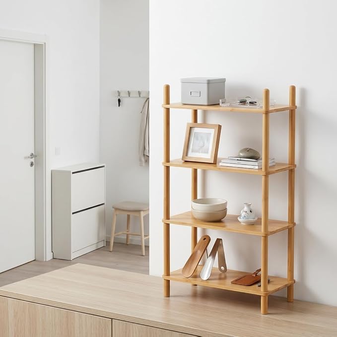 4-Tier Bamboo Rack | Tool-Free Expandable (2-6 Tiers) | Kitchen Spice Organizer & Office Breakroom Snack/Cup Storage (Nature, 15.6" W(4 Tier))