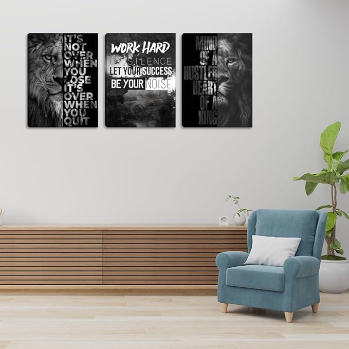 Motivational Canvas Wall Art 3 Pieces Lion Poster Inspirational Positive Wall Art Quotes Success Canvas Picture Print Artwork Framed for Home Office Room Gym Workplace Wall Decor (48''Wx 24''H)