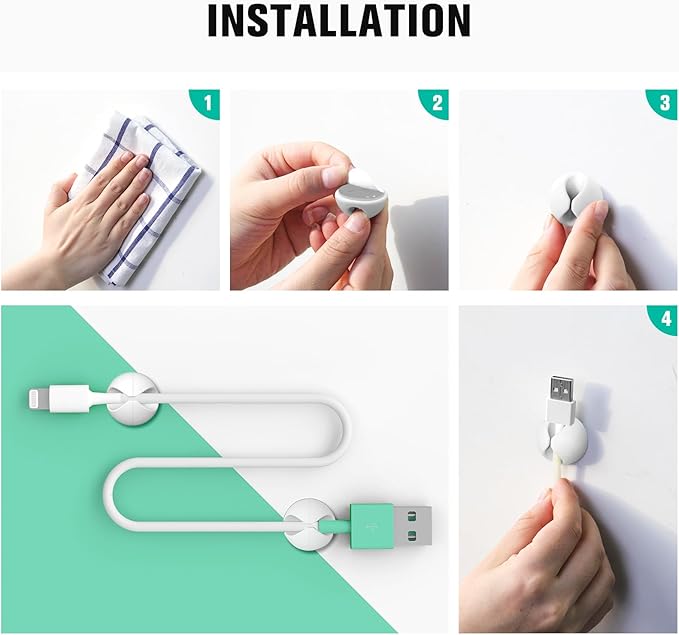 12 Pack Cable Clips, Adhesive Cord Organizer Holder for Desk White | Removable, Strong Adhesion, Leave No Trace, Cable Management for Car Cubicle Nightstand, Home Office Essentials
