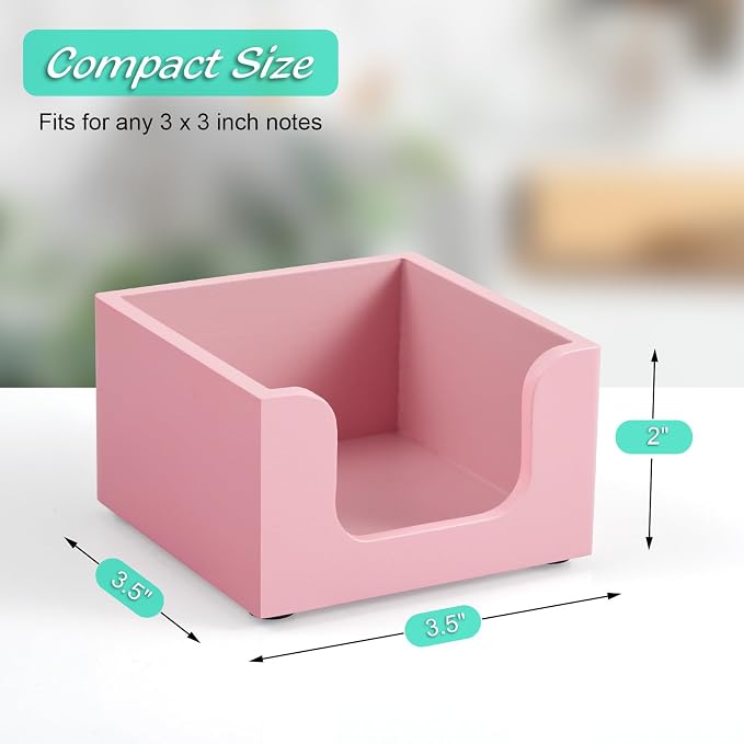 Wood Sticky Note Holder, 3 x 3 Inch Post It Note Dispenser for Office Desk Accessories, Self Stick Note Pad Holder, Memo Pad Holder Dispenser Organizer for School Office Desk Supplies, Pink