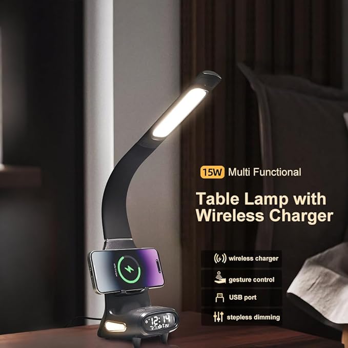 IHAO Multi Functional Smart Eye-Care Desk Lamp Wireless Charger & Digital Alarm Clock Gesture Control Adjustable Light 15W Fast Charging Hidden Phone Stand, Date Timer Display Wake-Up Light-TX79 White