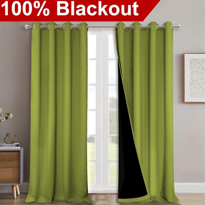 NICETOWN Full Shading Curtains 90" Long 2 Panels Set for Windows, Fresh Green, Pack of 2, 52" W, Super Heavy-Duty Black Lined Blackout Curtains for Bedroom, Privacy Assured Window Treatment