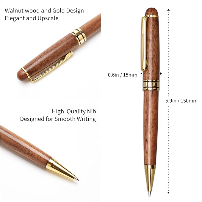 Luxury Walnut Wood Fancy Ballpoint Pen for Men Writing Journaling Pen Set with 2 Black Ink Refills and Gift Box Cool Journal Business Pens Elegant Vintage Wooden Professional Executive Twist Pen