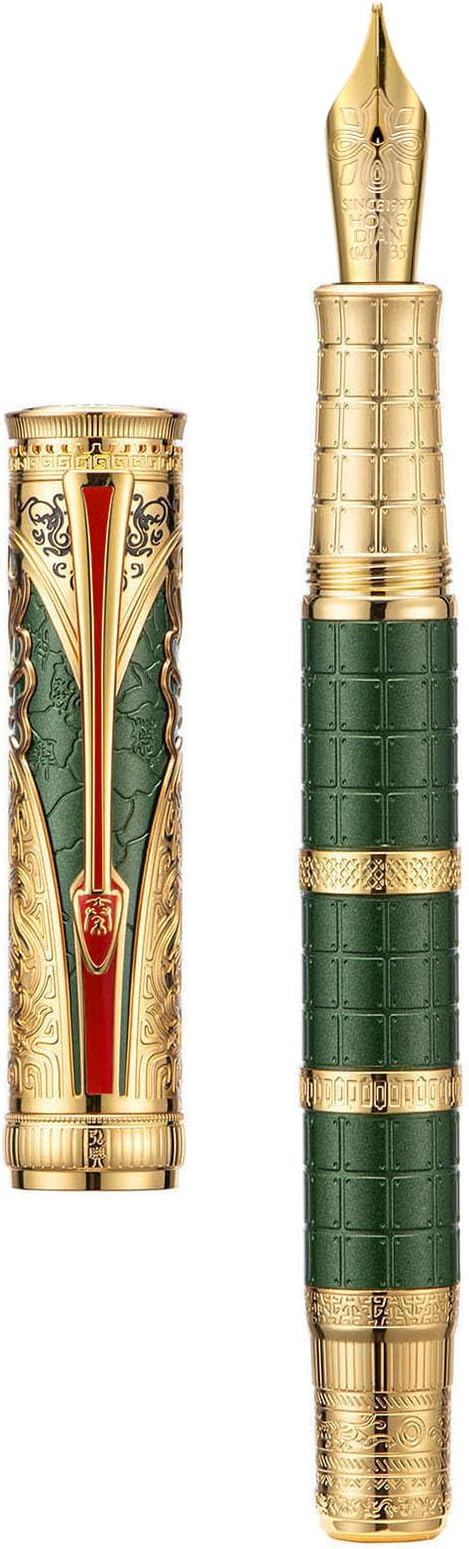 Hongdian D5X Fountain Pen Green Medium Nib, Qin Dynasty Retro Chinese Totem Engraving Smooth Writing Pen with Converter and Pen Box Set