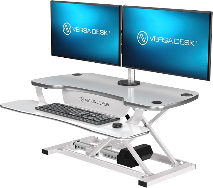 VERSADESK PowerPro 40 Inch Electric Standing Desk Converter – Push-Button Height Adjustable Sit to Stand Desk Riser for Triple Monitors & Laptop – Motorized Desktop Workstation with Wide Keyboard Tray