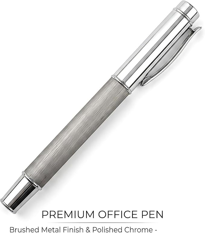 Brushed Metal Silver Rollerball Pen - 0.5mm Fine Point Executive Writing Pen for Men & Women, Professional Signature Pen for Business Office & Journaling, Luxury Gift with Metal Case