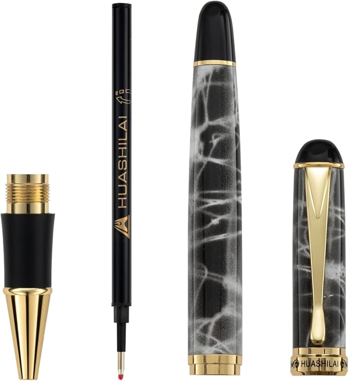 Luxury Metal Rollerball Pen Set – Stainless Steel Barrel, Cool Fine Point Pen with Gift Box & 2 Extra Refills – Premium Business & Signature Pens for Men & Women (Grey)