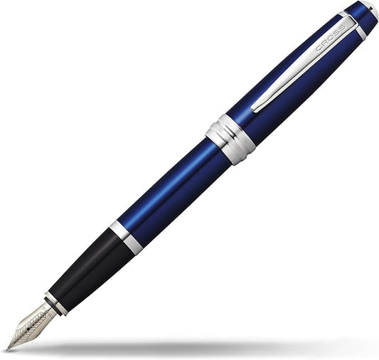Cross Bailey Blue Lacquer Stainless Steel Medium Nib Fountain Pen - Professional Fountain Pen for Effortless Writing - Refillable - Black Ink - Gift-Ready