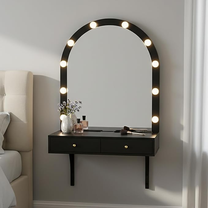 Merax Black Floating Vanity Desk Vanity Mirror with Lights, 3 Color Adjustable, 2 Storage Drawers & Charging Station, Wall-Mounted Makeup Vanity Shelf for Bedroom Hairdressers, 31" D x 54" H