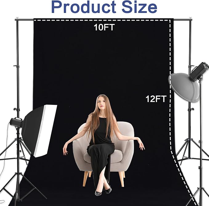 GFCC 10x12FT Black Backdrop Background - for Photography Photo Booth Backdrop for Photoshoot Background Screen Video Recording Parties Curtain