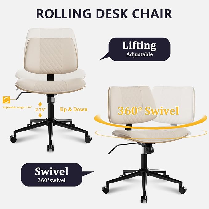 Modern Armless Office Chair with Wheels, Adjustable Swivel Desk Chair with Wide Seat and Tilt Function, Faux Leather Mid Century Task Chair for Home Office, Bedroom, Vanity, Beige