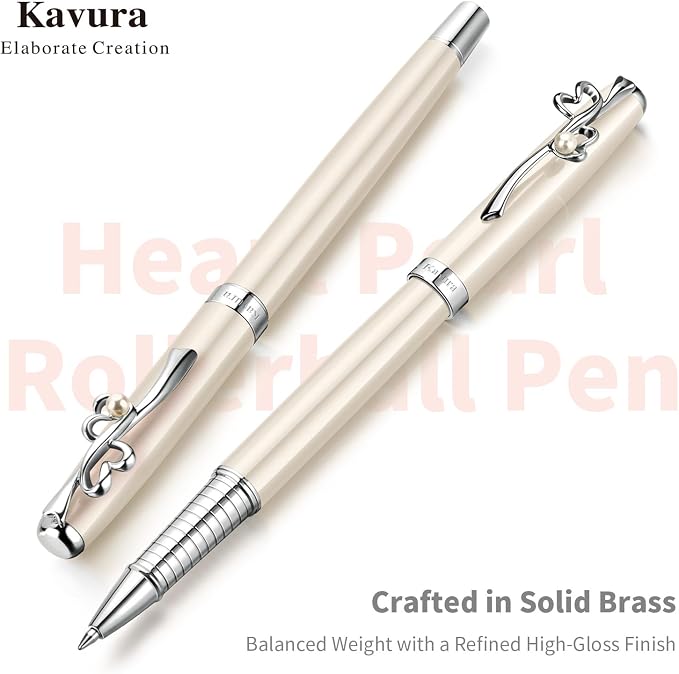 Heart & Pearl Rollerball Pen – Luxury Brass Pen Gift Set for Women, Jewelry-Inspired Design, Glossy Finish, with German Refill, Meaningful Gift for Her, Mother’s Day or Birthday (Pearl White)