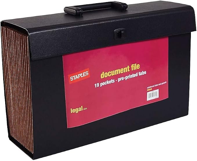 Staples Expanding File with A‑Z Index, Legal Size, 19‑Pocket Accordion Organizer, Durable Black Construction