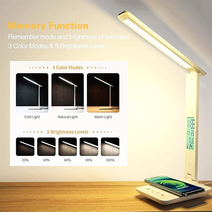 IHAO Multi-Functional Desk Lamp 10W Qi Wireless Charger 3 Color Modes 5 Brightness Levels Eye-Caring LED Light Faux Leather Finish Calendar Temperature Display Office Table Lamp TX26 Black