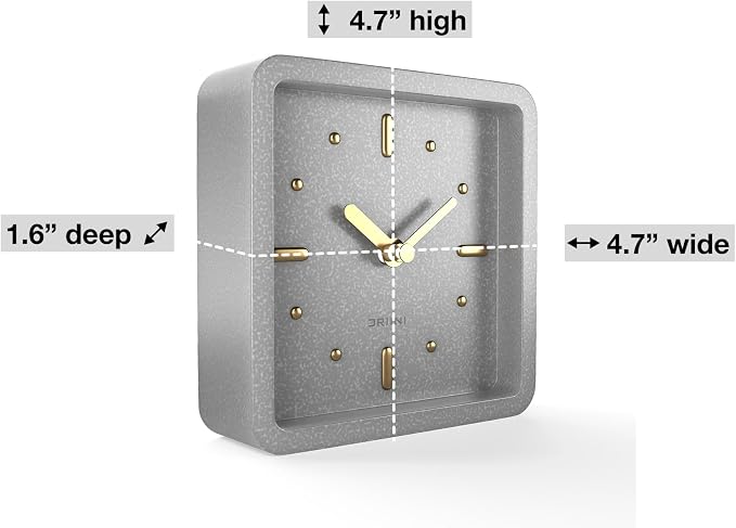 Driini Modern Mid Century Desk & Shelf Clock (Gray and Gold) - Battery Operated with Silent, Analog Movement – Small Tabletop Clocks for Office – Perfect for Mantle, End Table, Desktop or Nightstand