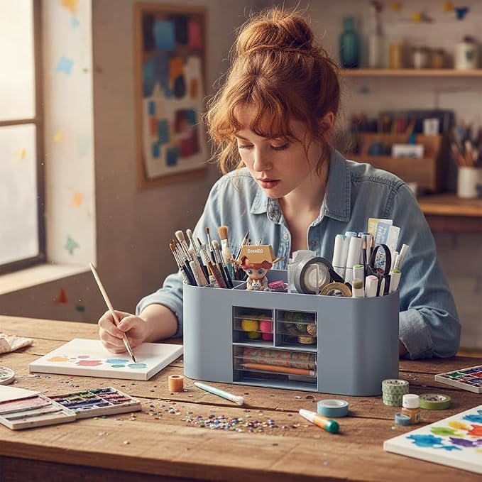 School Supplies Organizer with Drawers, Pen Holder, Blue | Student desk organizer with removable dividers and clear drawers for pens, markers, art tools and school supplies.