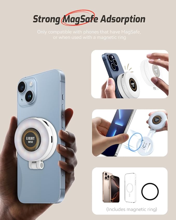 Magnetic Portable Selfie Light for iPhone - Phone Ring Light Rechargeable for Camera Picture Make up Photos Video Conferences LED Selfie Ring Fill Light TikTok/Zoom Calls/Video Conference
